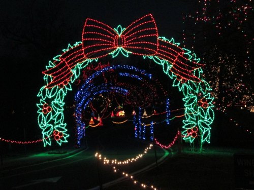 Colorful holiday lights form an archway with a bow, illuminating a path through a festive display at night.