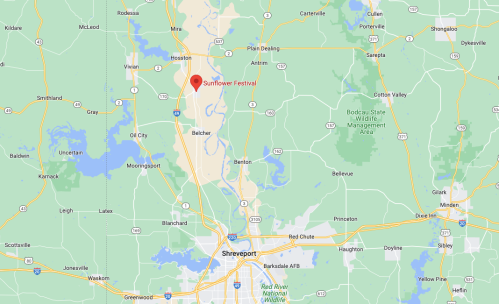 Map showing the location of the Sunflower Festival near Shreveport, Louisiana, with surrounding towns and highways.