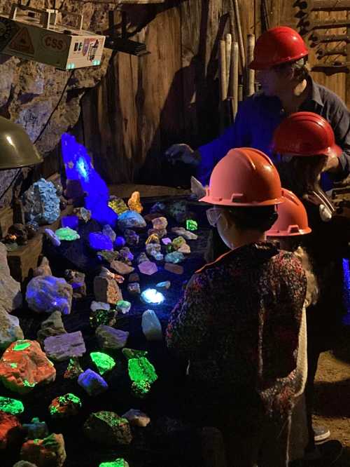 A group of children in hard hats observes glowing rocks in a dimly lit cave, guided by an adult.