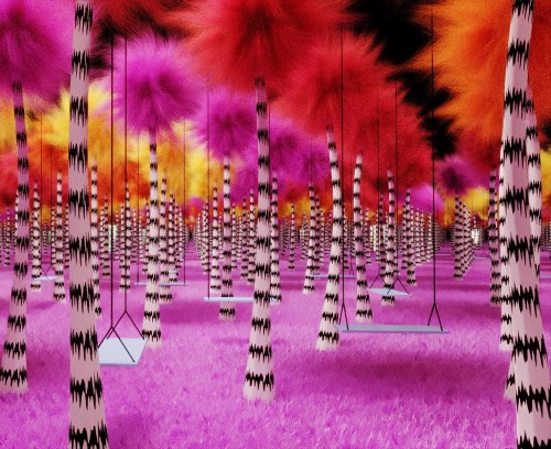 A vibrant, surreal forest with striped trees and fluffy pink and orange foliage, featuring swings hanging from the branches.