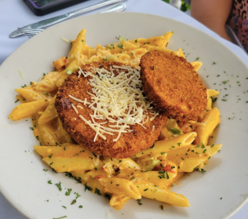 A plate of penne pasta topped with two crispy, golden-brown patties and sprinkled with grated cheese.