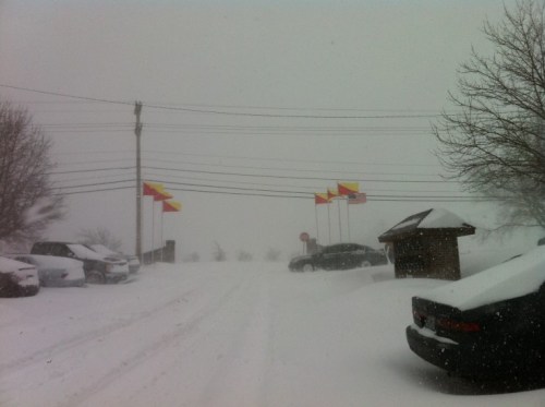 Snow-covered road with parked cars and flags waving in a blizzard, visibility is low due to heavy snowfall.