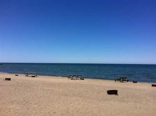 A sandy beach with picnic tables and calm blue water under a clear blue sky.