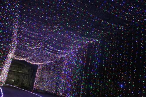 A colorful tunnel adorned with vibrant, twinkling lights creating a festive atmosphere.