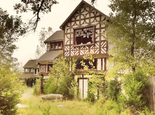 Abandoned house with a unique architectural design, overgrown with vegetation and showing signs of decay.