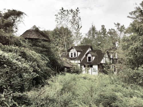 Abandoned house overgrown with vegetation, surrounded by trees and a cloudy sky.