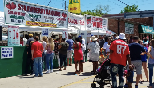 A crowd gathers at a festival, lined up at booths selling daiquiris and refreshments under sunny skies.