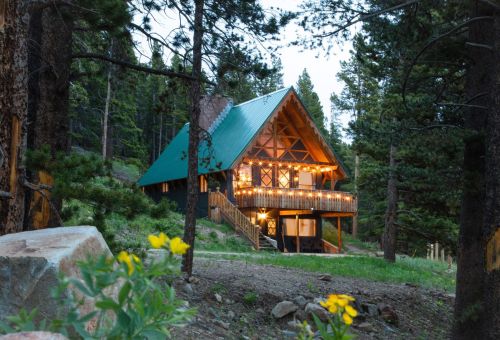 A cozy cabin with a green roof, surrounded by trees and illuminated by string lights, set in a serene forest.