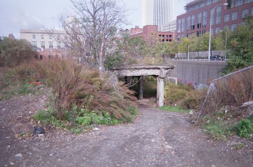Overgrown path leading to a crumbling concrete structure, surrounded by tall grass and urban buildings in the background.