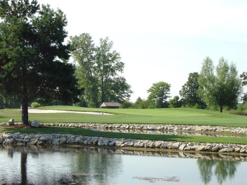 A serene golf course scene featuring a green fairway, a small pond, and trees under a clear sky.