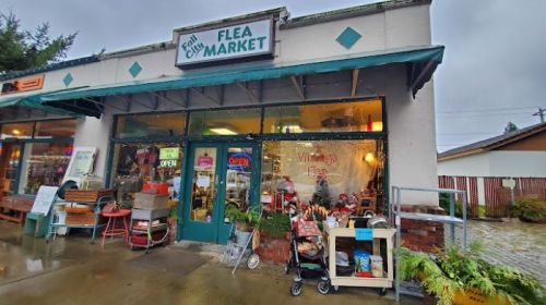 A colorful flea market storefront with an "Open" sign, surrounded by plants and outdoor displays on a rainy day.