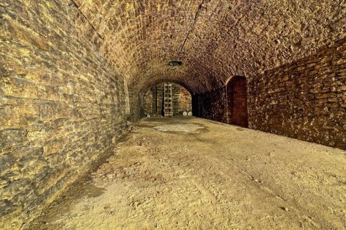 An empty, dimly lit stone archway with a dirt floor and a ladder against the wall, creating a mysterious atmosphere.