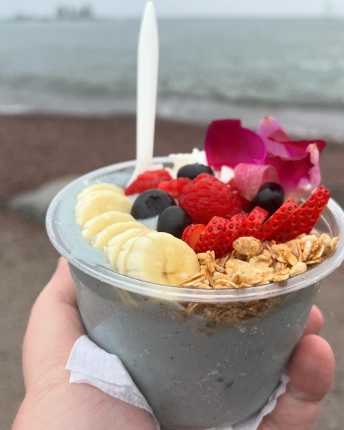 A hand holding a smoothie bowl topped with banana, berries, granola, and a flower, with a beach in the background.