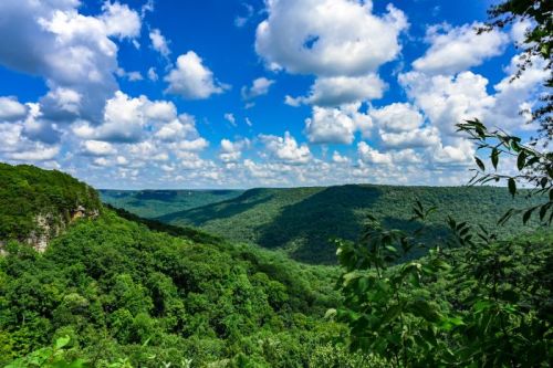 Lush green valleys under a bright blue sky filled with fluffy white clouds. Scenic landscape with rolling hills.