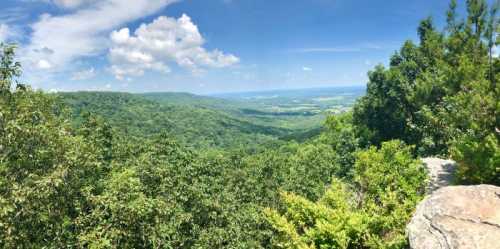 A panoramic view of lush green hills and valleys under a bright blue sky with scattered clouds.