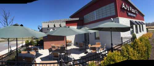 Exterior of AJ's Pizza Co. featuring outdoor seating with green umbrellas and a red and white building. Clear blue sky.