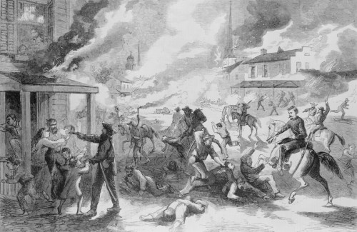 A chaotic scene depicting a historical conflict, with people fleeing, buildings on fire, and soldiers on horseback.