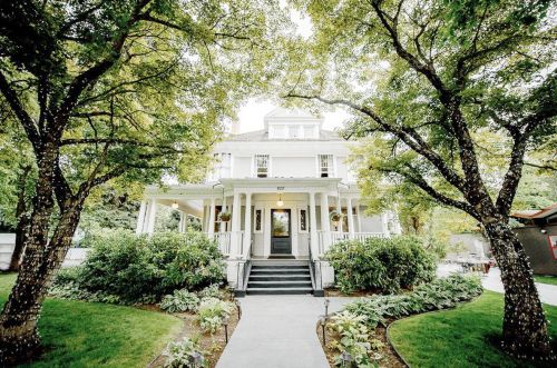 A charming white house surrounded by lush greenery and trees, featuring a welcoming porch and steps leading to the entrance.