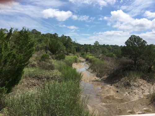 A winding creek flows through a lush, green landscape under a partly cloudy sky.