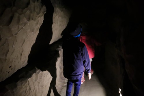 Two figures walking through a dimly lit cave, with shadows cast on the rocky walls.