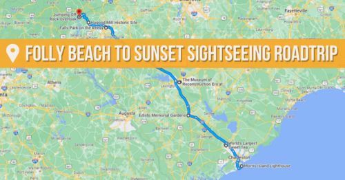 Map showing a road trip route from Folly Beach to Sunset, highlighting attractions along the way.
