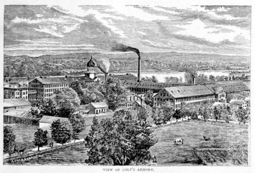 Illustration of Colt's Armory, featuring buildings, a smokestack, and a river in the background, surrounded by trees and fields.