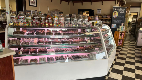 Display case of chocolates from Custer County Candy Co. in South Dakota