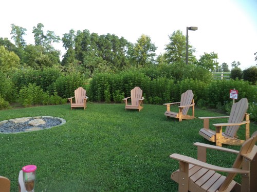 A serene outdoor space with wooden chairs arranged around a fire pit, surrounded by lush greenery.