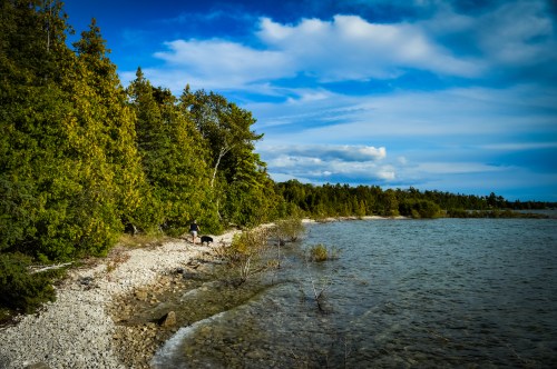 A serene lakeside scene with a rocky shore, lush green trees, and a clear blue sky with scattered clouds.
