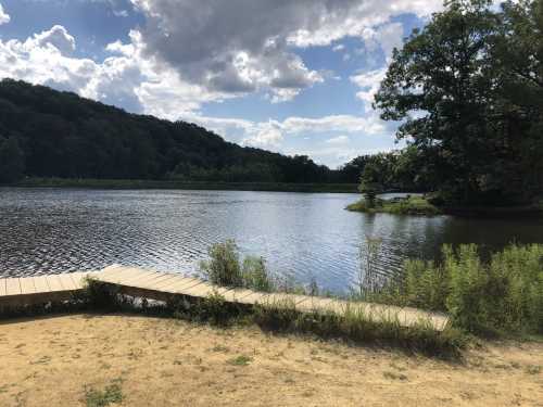 A serene lake surrounded by greenery, with a wooden dock extending into the water under a partly cloudy sky.