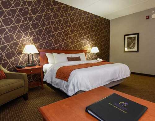 Cozy hotel room featuring a queen bed, patterned wall, bedside lamps, and a small seating area.