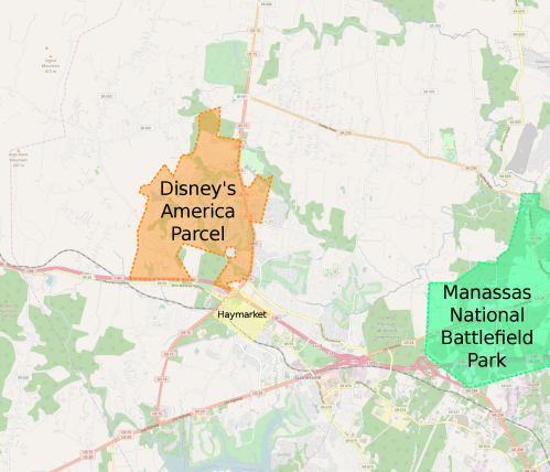 Map showing Disney's America Parcel in orange near Haymarket and Manassas National Battlefield Park in green.