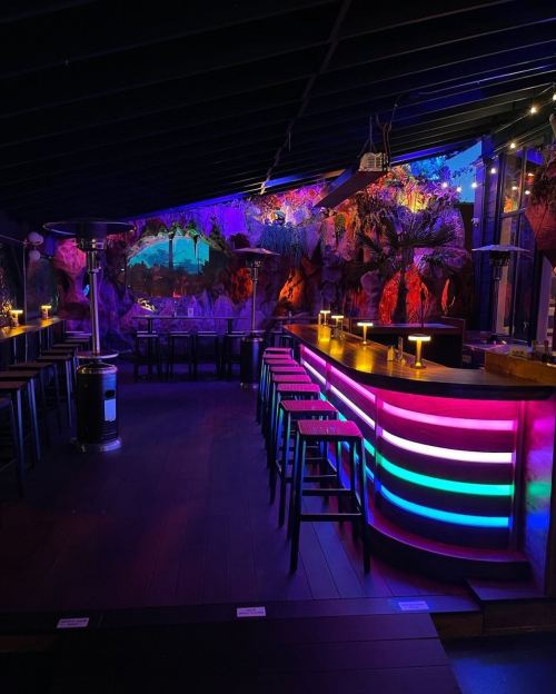 A vibrant bar area with colorful lighting, surrounded by lush decor and outdoor heaters, creating a lively atmosphere.