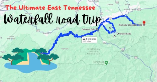 Map of a waterfall road trip in East Tennessee, highlighting routes to various waterfalls and scenic spots.
