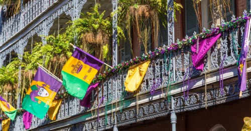 The historic French Quarter, decorated for Mardi Gras in NOLA