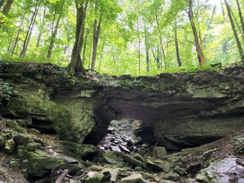 A natural stone arch surrounded by lush green trees in a forested area.