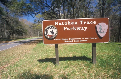 Sign for Natchez Trace Parkway, surrounded by trees and grass, indicating it's part of the National Park Service.
