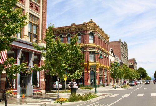 A charming street lined with historic buildings and trees, featuring shops and a clear blue sky.