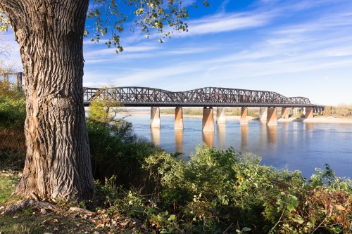 A metal bridge spans a river, framed by a large tree and lush greenery under a clear blue sky.