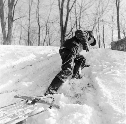 A child in winter clothing climbs a snowy hill, pulling a sled behind them. Trees are bare in the background.