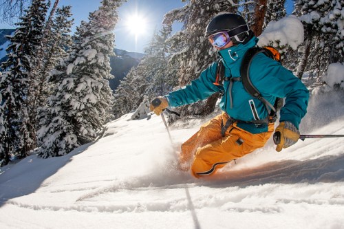 A skier in a blue jacket and orange pants carves through fresh snow under a bright sun, surrounded by pine trees.