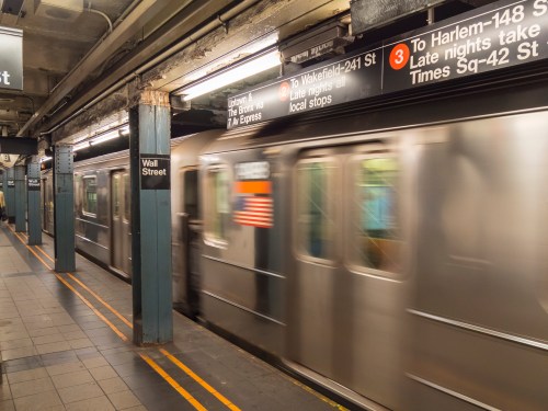 A blurred subway train approaches the Wall Street station, with signs for various routes visible above.