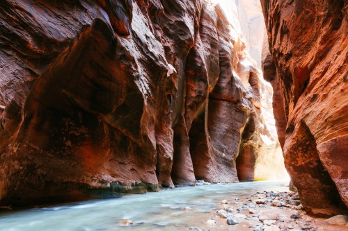 A narrow canyon with towering red rock walls and a flowing river at the bottom, illuminated by soft sunlight.
