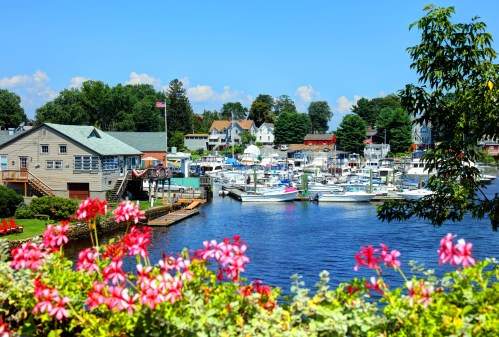 A scenic view of a marina with boats, surrounded by lush greenery and colorful flowers under a clear blue sky.