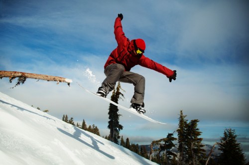 A snowboarder in a red jacket jumps off a snowy slope, surrounded by trees and a clear blue sky.
