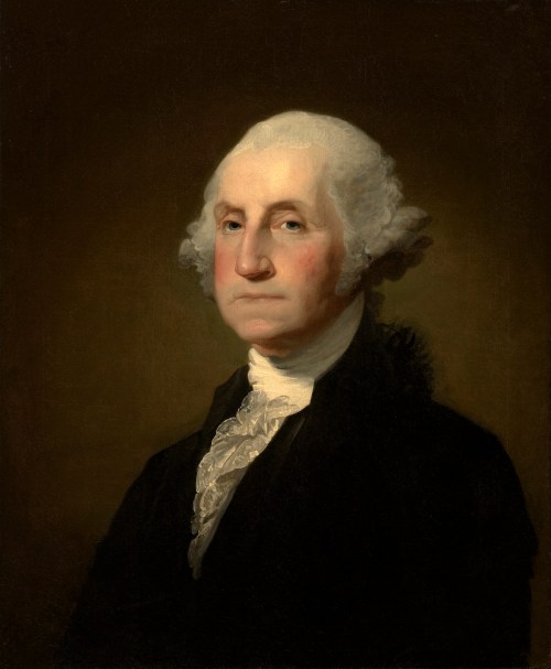 Portrait of George Washington, featuring a serious expression, white hair, and dressed in 18th-century attire.