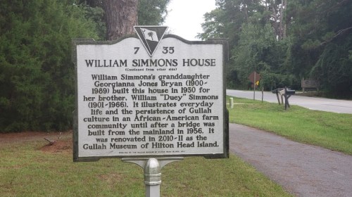 Historical marker for the William Simmons House, detailing its significance in Gullah culture and history.