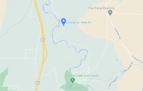 Map showing S Hangman Valley Rd, Latah Creek Golf Course, and nearby roads in a rural area.