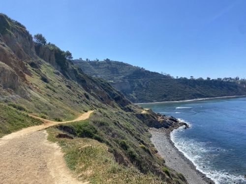 A scenic coastal path winds along a grassy hillside, overlooking the ocean under a clear blue sky.