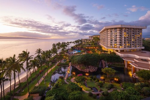 A scenic view of a beachfront resort at sunset, surrounded by palm trees and lush gardens.